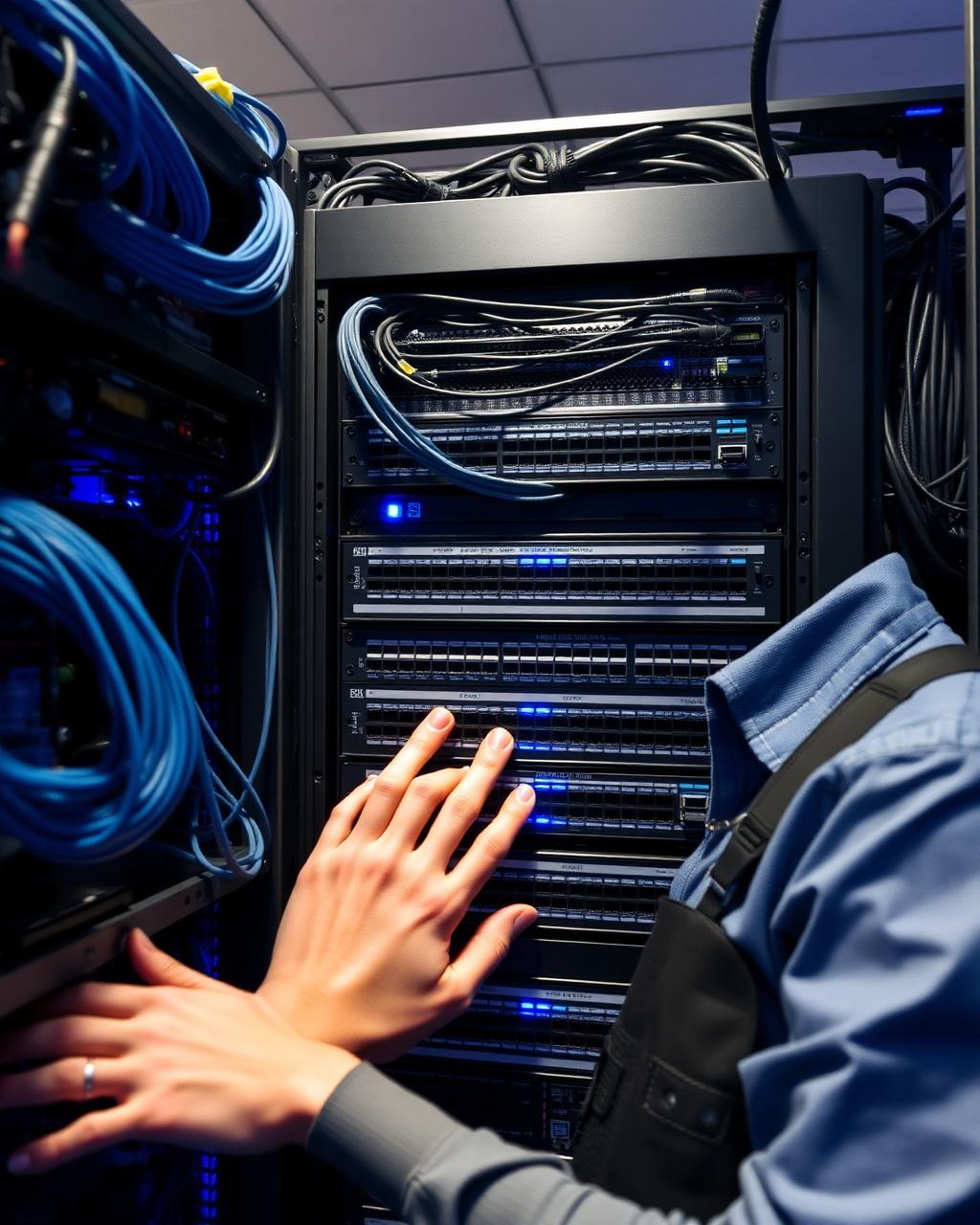 IT-szakember hálózati eszközöket kezel egy rendszerszekrényben