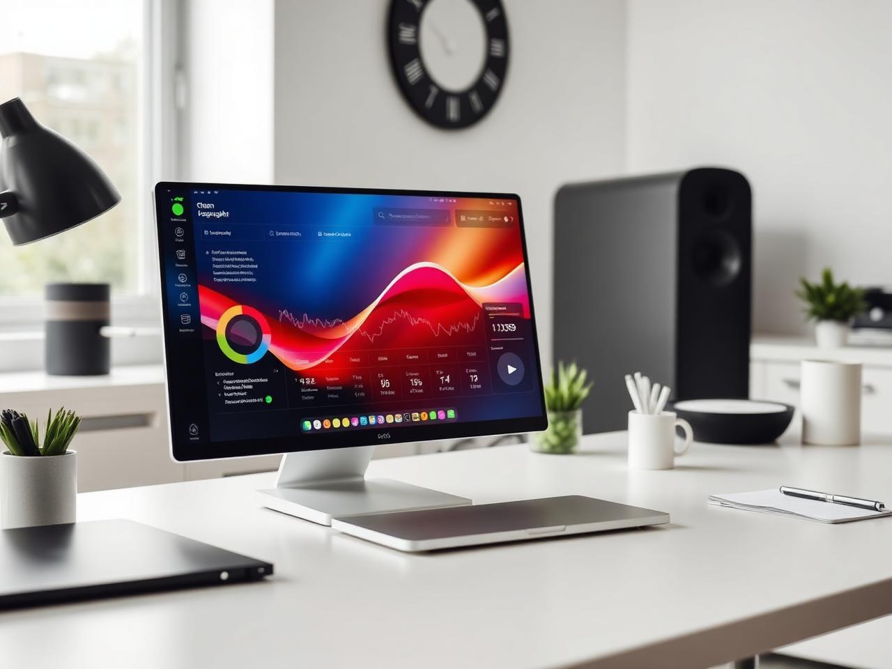 Rendezett, modern munkaállomás monitorral és laptoppal természetes fényben